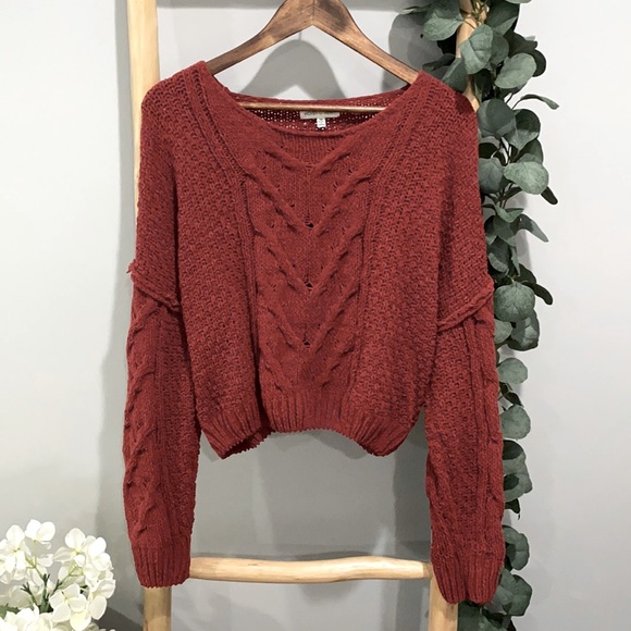 Woven Heart Sweaters - Knit Cropped Burnt Orange Sweater